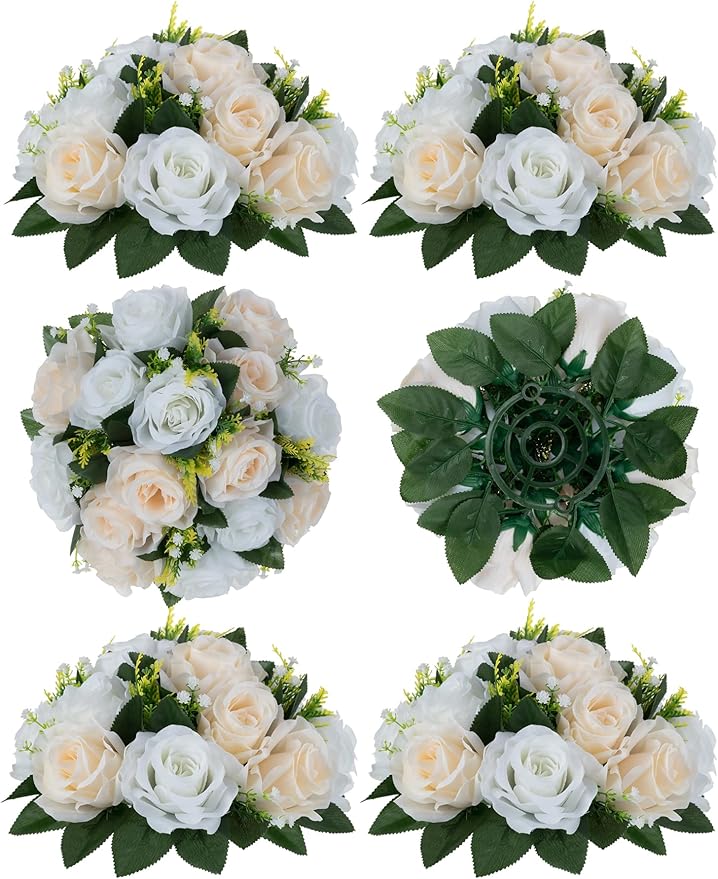 Flower Balls Wedding Rose Centerpieces: 6 Pcs Fake Flowers with Base Kissing Balls Decor Champagne &White Artificial Floral Arrangements Flower Bouquet of Roses Home Party Table DIY Decorations