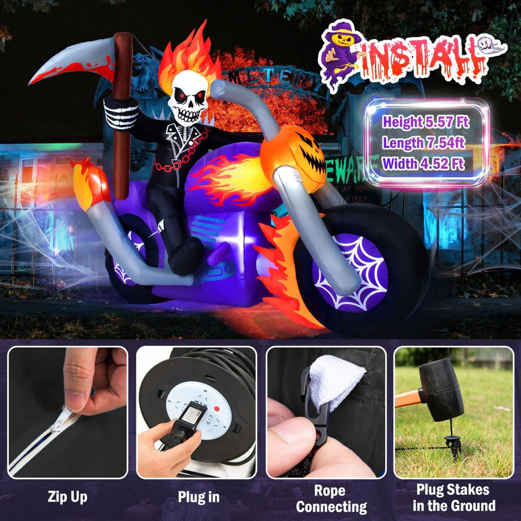 6 ft halloween inflatable grim reaper motorcycle with, side view