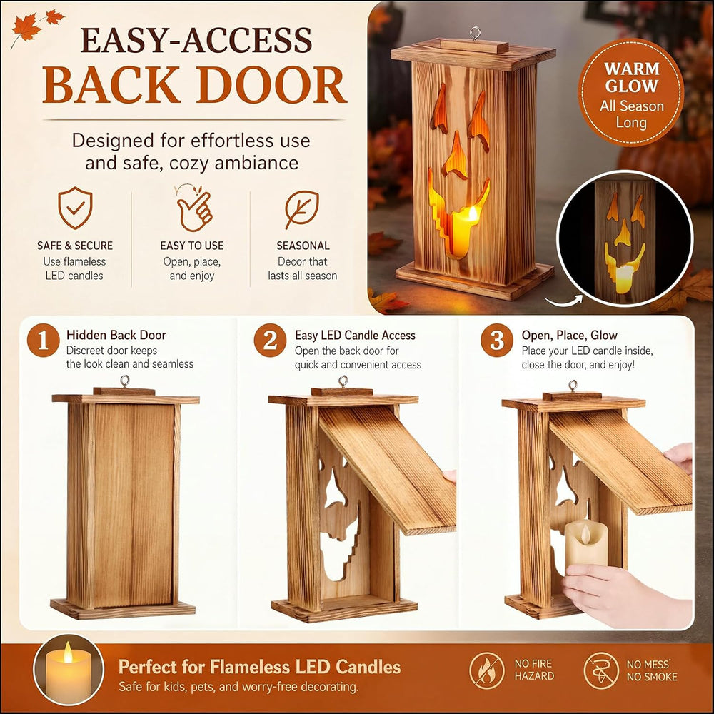 Woanger 3 Pcs Halloween Wooden Lantern Set Spooky Jack O Lantern Decor