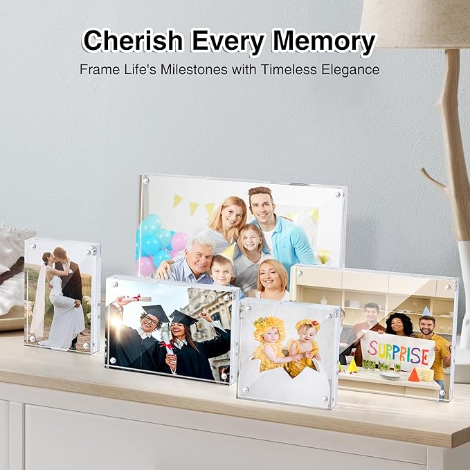 HOUSE DAY Acrylic Picture Frames 4x6, 6 Pack Magnetic 4 x 6 Picture Frame, Double Sided Clear 4x6 Photo Frame with Microfiber Cloth, Frameless FreeStanding 4x6 Frame Gift for Desktop Display