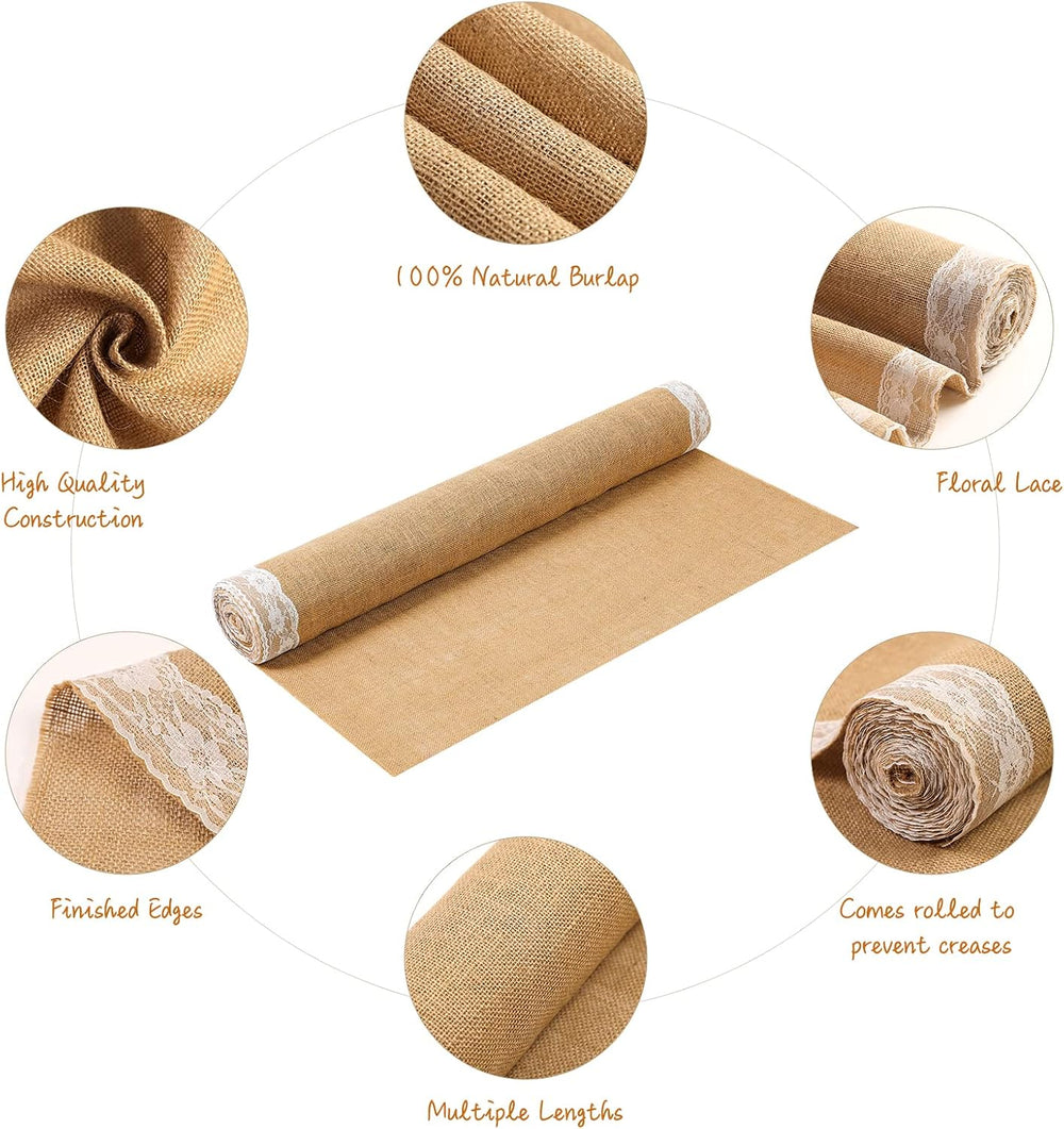 AK TRADING CO. 40" Wide Natural Burlap Wedding Aisle Runner with Ivory L...