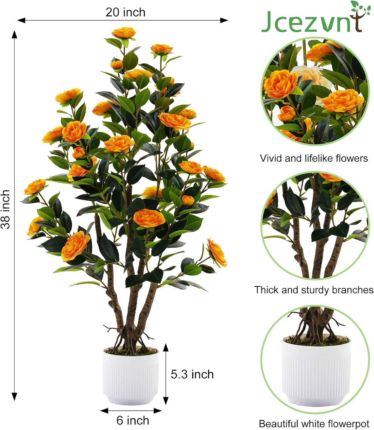 artificial camellia tree with white pot, 38" faux, close-up detail
