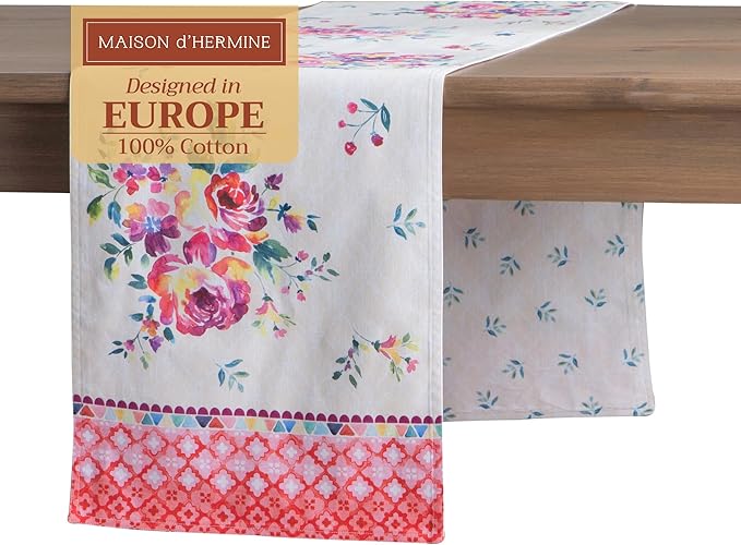 Maison d' Hermine Table Runner 100% Cotton Double Layer Table Runners 72 inches Long Decorative for Kitchen Dining Party Baby Shower Wedding Bridal Shower Spring Summer (Rose Garden, 14.50" x 72")
