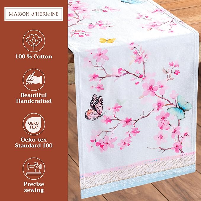 Maison d' Hermine Table Runner 100% Cotton Double Layer Table Runners 72 inches Long Decorative for Home Kitchen Dining Party Wedding Bridal Shower Spring Summer (Blossoms in Spring, 14.50" x 72")
