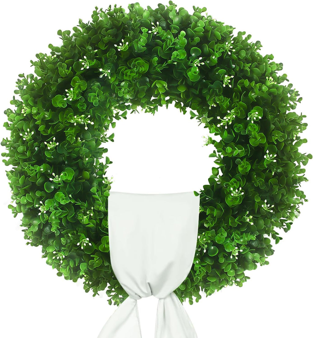 24'' Boxwood Wreaths Front Door, Foldable Green Wreath with a Sash