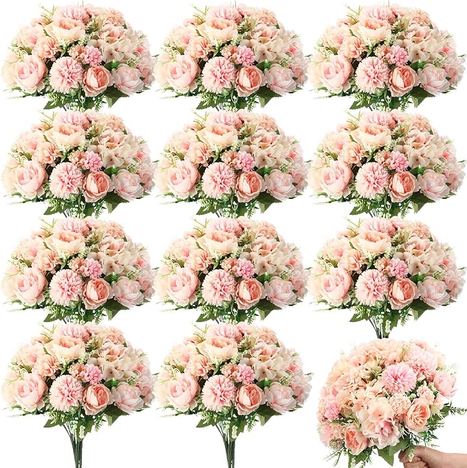 Tigeen Artificial Flowers Artificial Peonies Silk Flowers Faux Peony Fake Peony Silk Hydrangea Bouquet for Wedding Table Centerpiece Floral Vase Decor(Pink,24 Bundles)