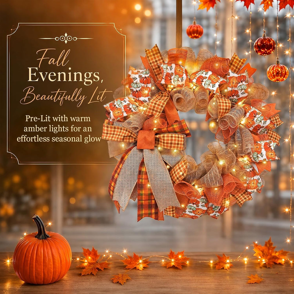 24 Inch Fall Wreaths for Front Door, Pumpkin Wreath