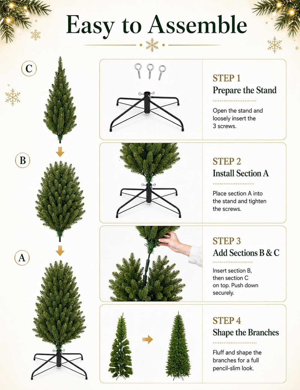 7.5ft Artificial Pencil Slim Christmas Tree, Includes Metal Stand, Kingswood ...