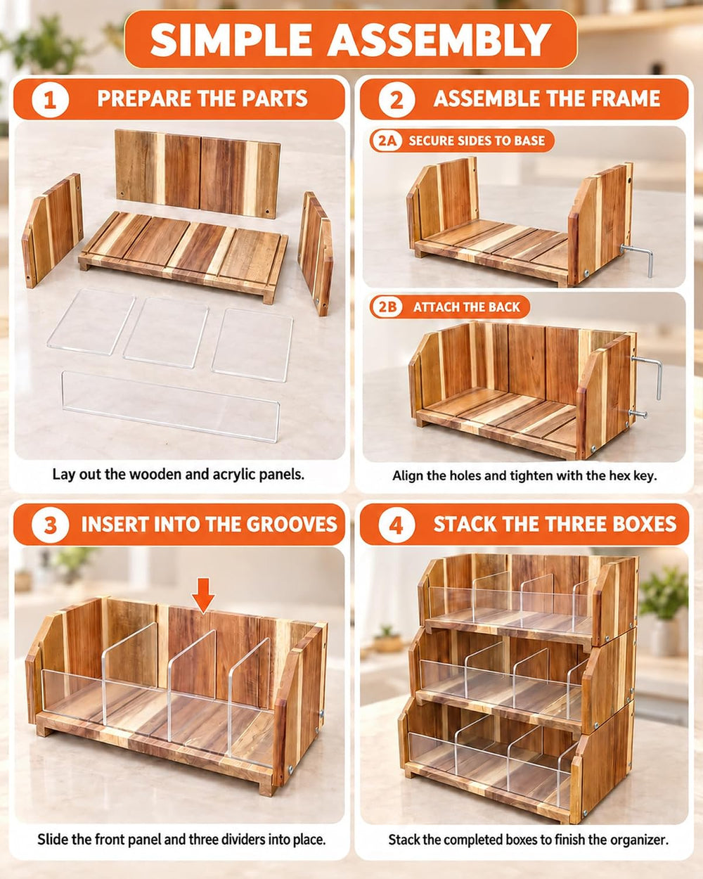Solid Acacia Wood Tea Bag Organizer, 3 Tiers in Large, Medium & Small