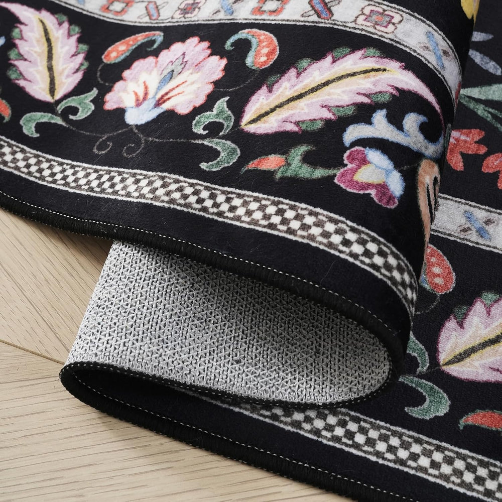 Rugcomf Runner Rug 2x6 Floral Washable Non Slip, Vibrant Black