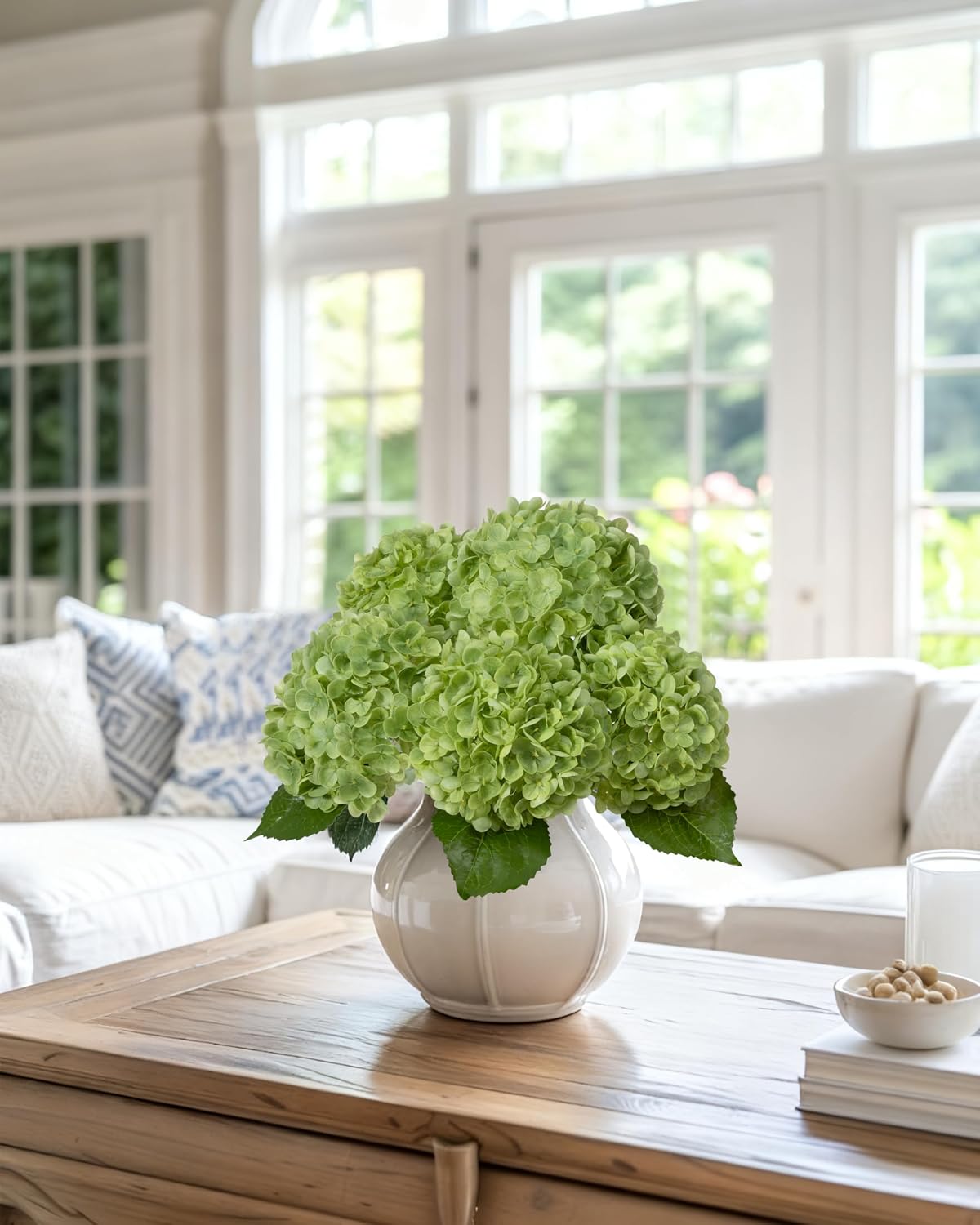 DuHouse Green Artificial Hydrangea Flowers, 4Pcs Real Touch Wedding Stems