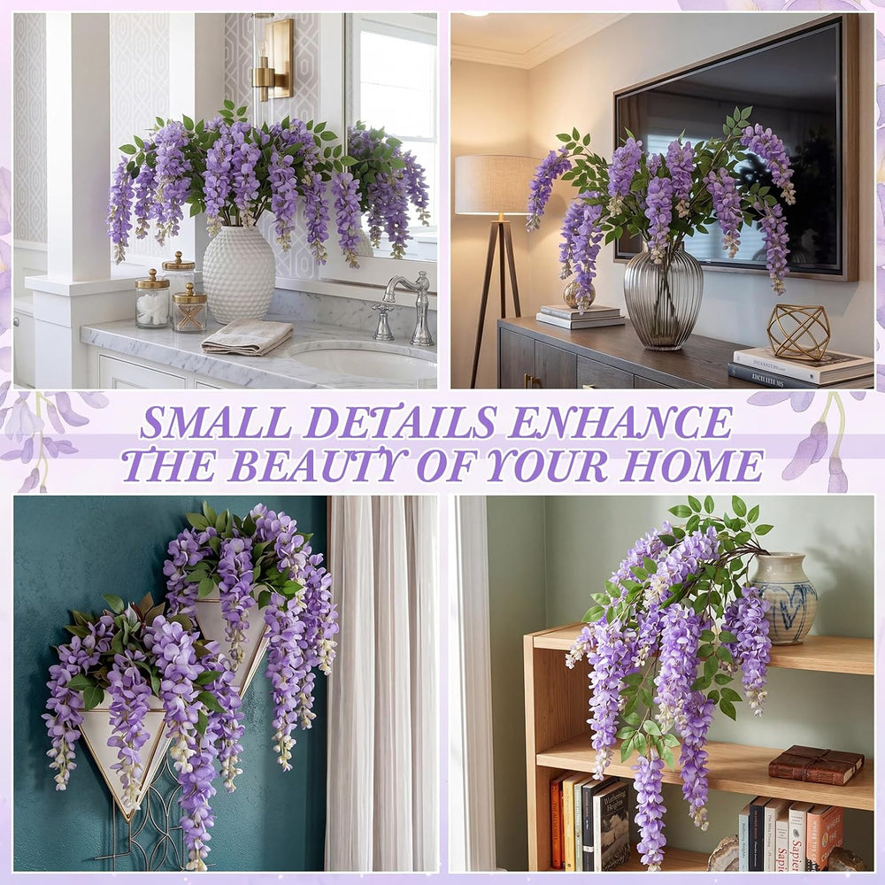 6 Pcs Artificial Wisteria Stems, Faux Florals Garland, Purple