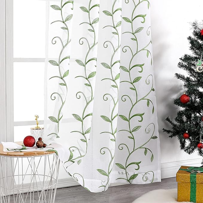 VISIONTEX Embroidered Green Sheer Voile Curtains, Leaves Embroidery Faux Linen Rod Pocket Window Drapes for Living Room and Girls Bedroom 54 x 84 Inch, Set of 2 Curtain Panels