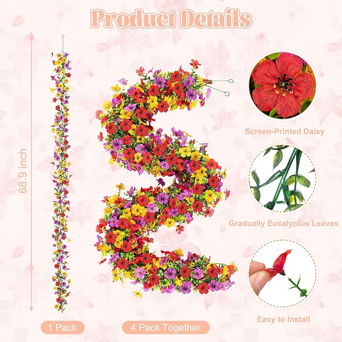 Artificial Flowers Garland Ivy, 4 Pack 5.9 FT Fall Decor UV Resistant Fake Mums Floral Vine Silk Daisy Hanging Flower for Home Garden Wedding Decor Photo Booth Backdrop(Red Purple Yellow)