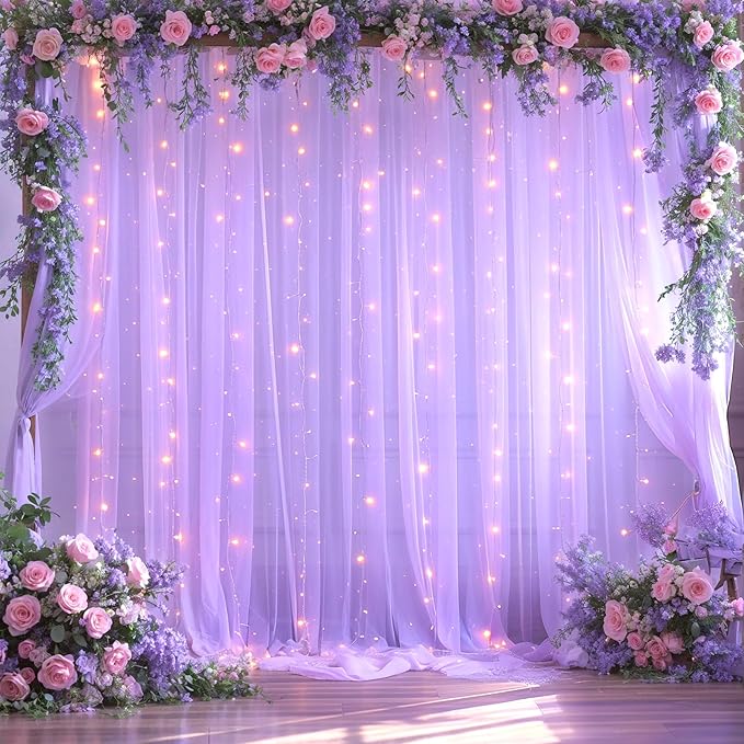 Lavender Tulle Backdrop Curtain with Lights String for Wedding Baby Shower 20×10ft Lavender Sheer Backdrop Curtain for Bridal Shower Birthday Party Photoshoot Background Decorations(4 Panels 5×10ft)