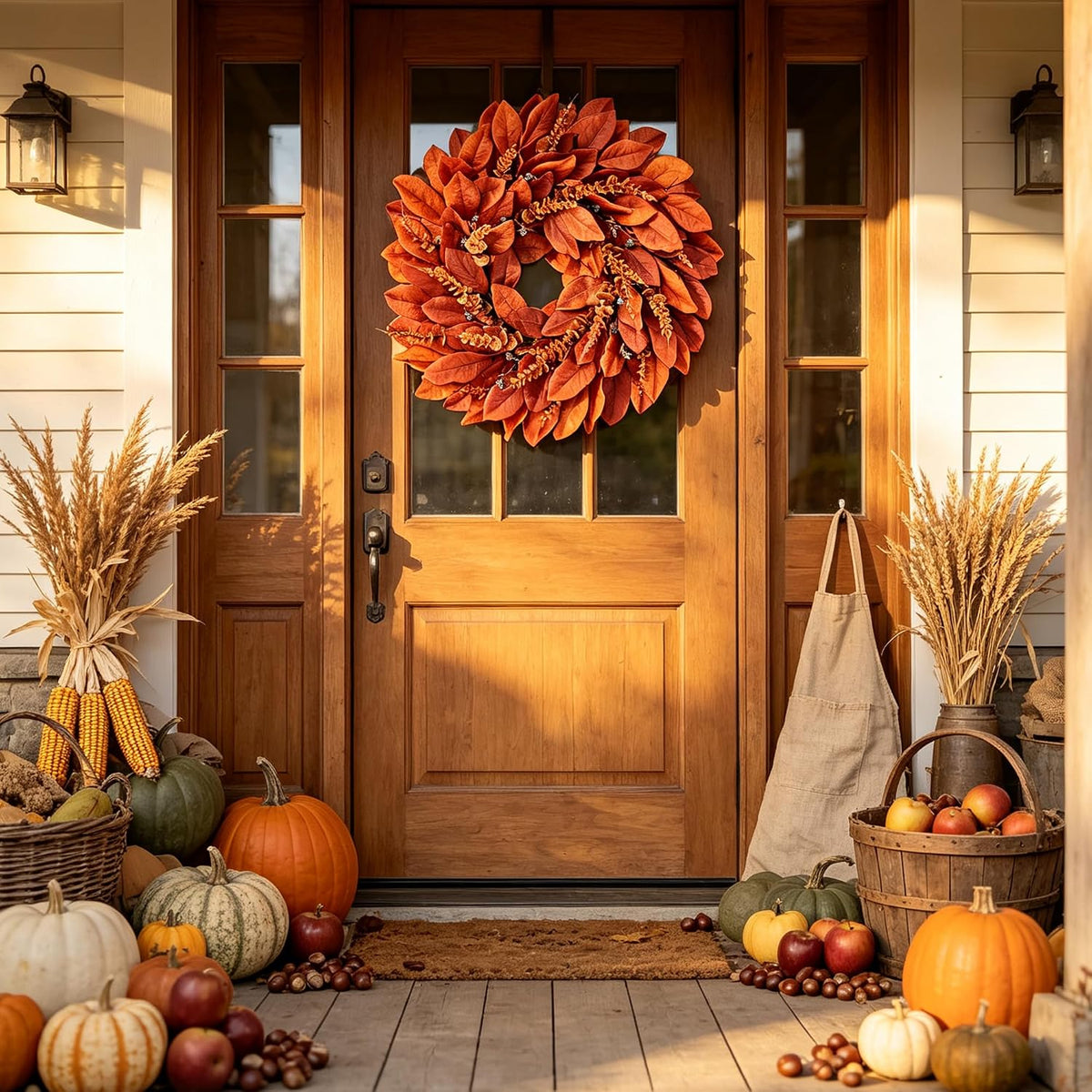Large Artificial Magnolia Leaves Fall Wreath for Front Door Outside Decor