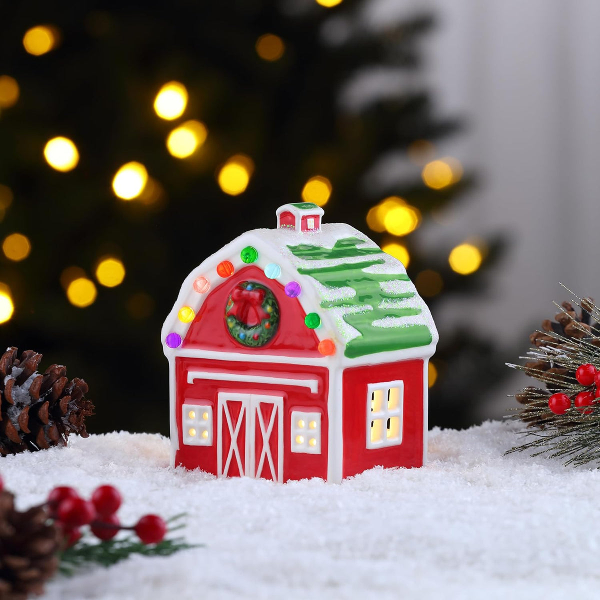 mr. christmas ceramic village barn led decoration, 5 shown in use