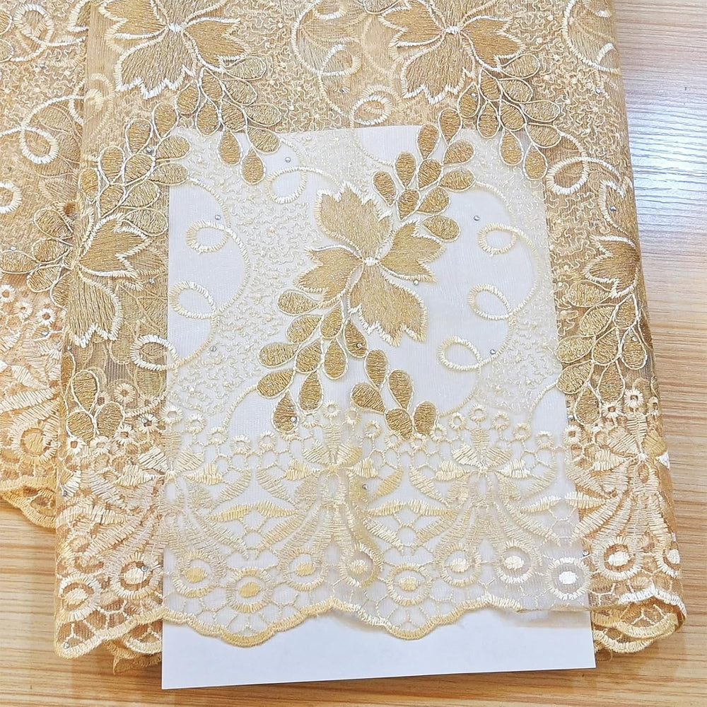 Bestway African Lace Fabric 5 Yards Beige Rhinestones Embroidery French Tulle...