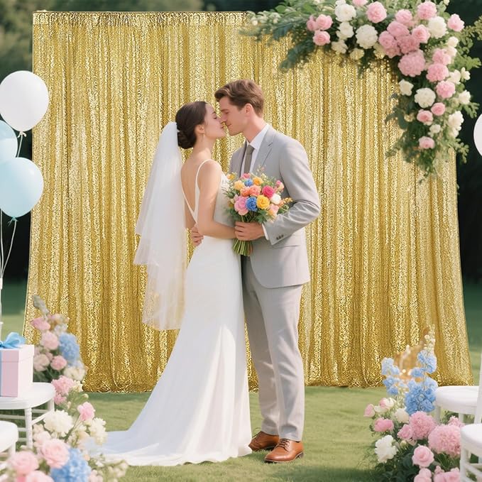 Gold Sequin Backdrop Curtain 4 Pieces 2FTx8FT Glitter Photography Backdrop for Party Wedding Birthday Christmas Decorations