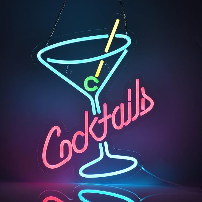 Cocktails Neon Sign for Wall Decor Man Cave Bar Home Art Neon Light LED Neon Lights Signs with Dimmer for Bedroom Office Hotel Pub Cafe Recreation Room Wall Artwork Sign Decor(15X13inches)