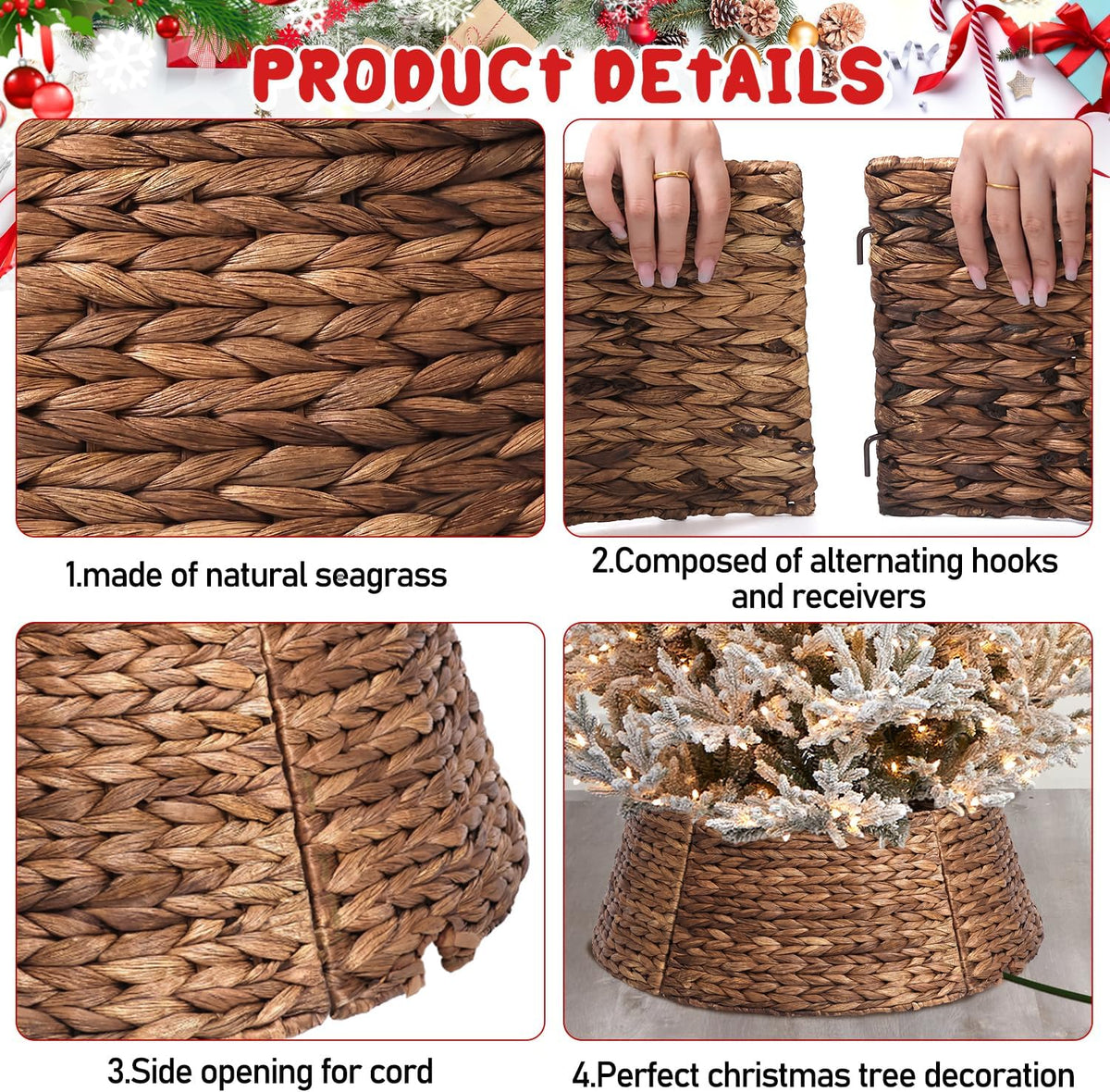 6-Piece Rattan Christmas Tree Collar - 33" Rustic Farmhouse Tree Skirt- Xmas Tree Base Cover for Christmas Decoration- Woven Holiday Tree Ring Accessory for Home, Living Room (Brown, 33 in)