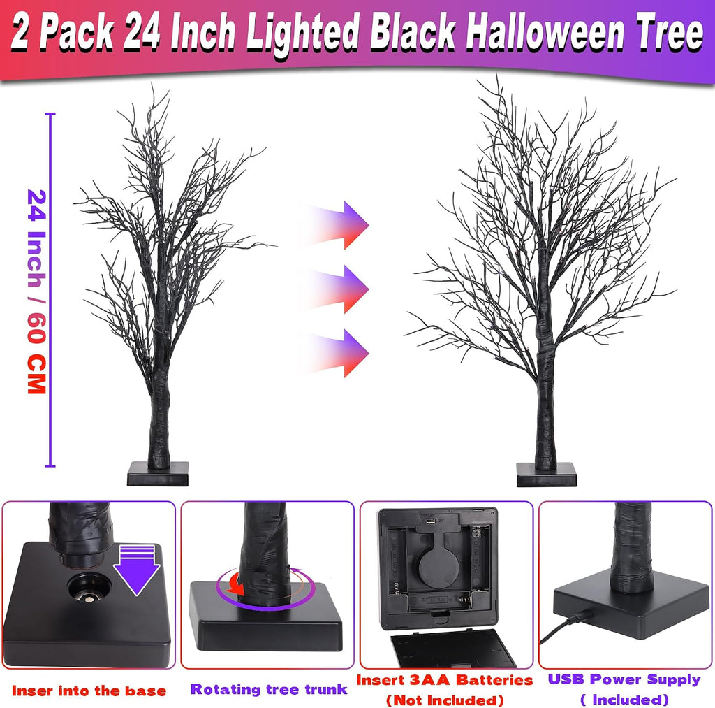 [Timer] 2 Pack Halloween Decorations Indoor, 24 Inch Lighted Black Halloween Tree with 24 Orange & Purple Lights, USB or Battery Powered Spooky Tabletop Tree for Home, Party, Fireplace & Holiday Decor