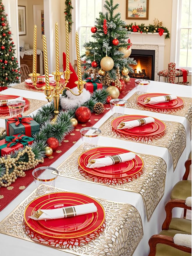 350Pieces Christmas Plates with Gold Plastic Silverware - Red Plastic Plates with Gold Rim Include 50Dinner Plate 10”, 50Dessert Plate 7”, 50 gold Cups 9 OZ, 50 Pre Rolled Napkins for Christmas/Party