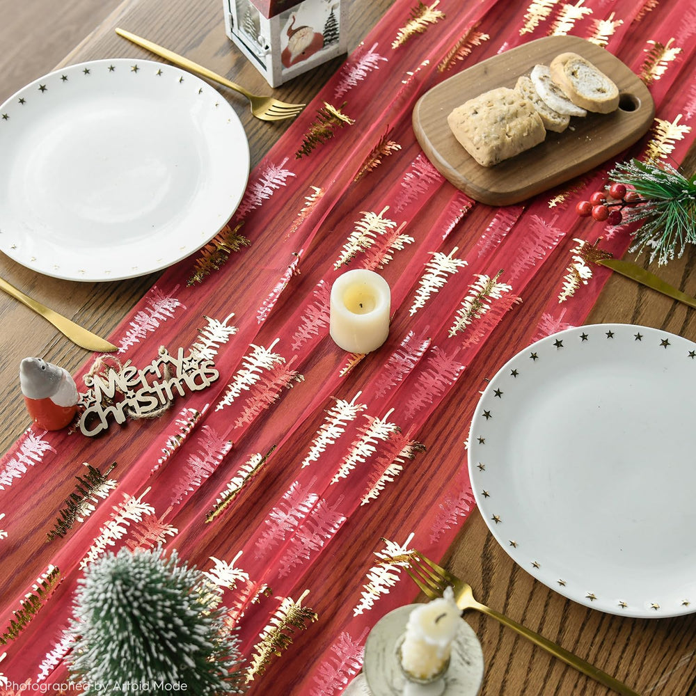 Artoid Mode 6PCS Red Gold Christmas Tree Gauze Table Runner 120 Inch 10FT, Gl...