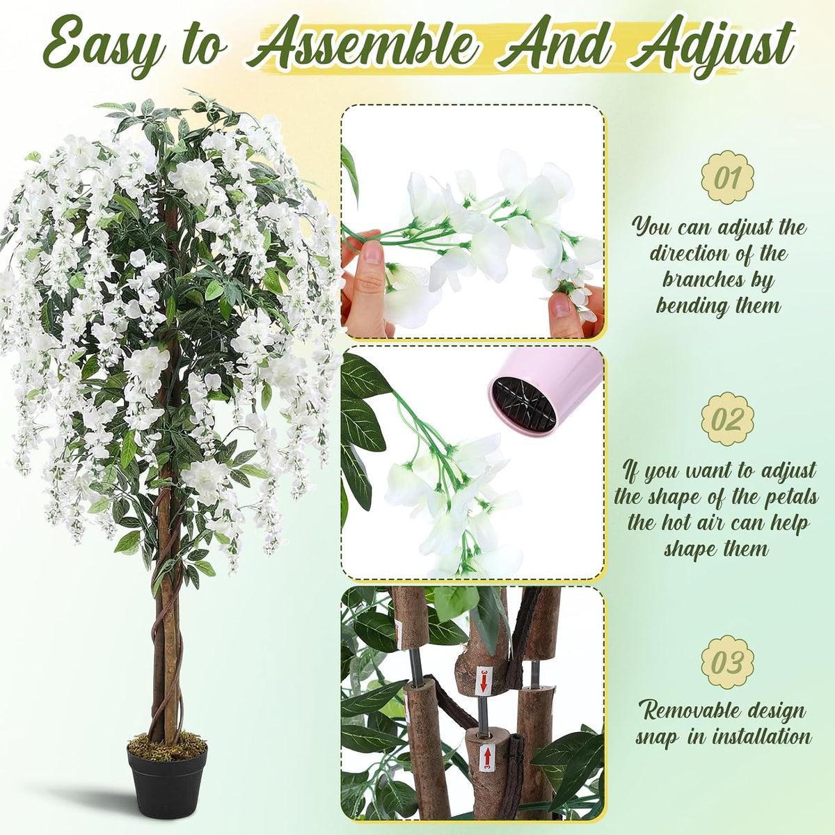 5ft artificial wisteria tree, tall faux flowering plant, side view