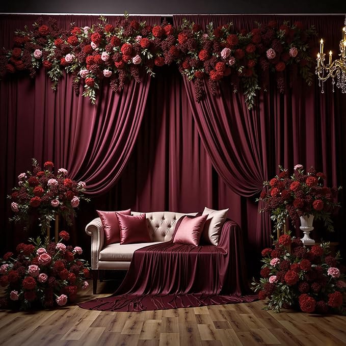 30 ft x 10 ft Wrinkle Free Maroon Backdrop Curtain for Parties, Polyester Burgundy Photo Backdrop Drapes 6 Panels 5x10ft for Baby Shower Wedding Birthday Party Engagement Ceremony Decoration