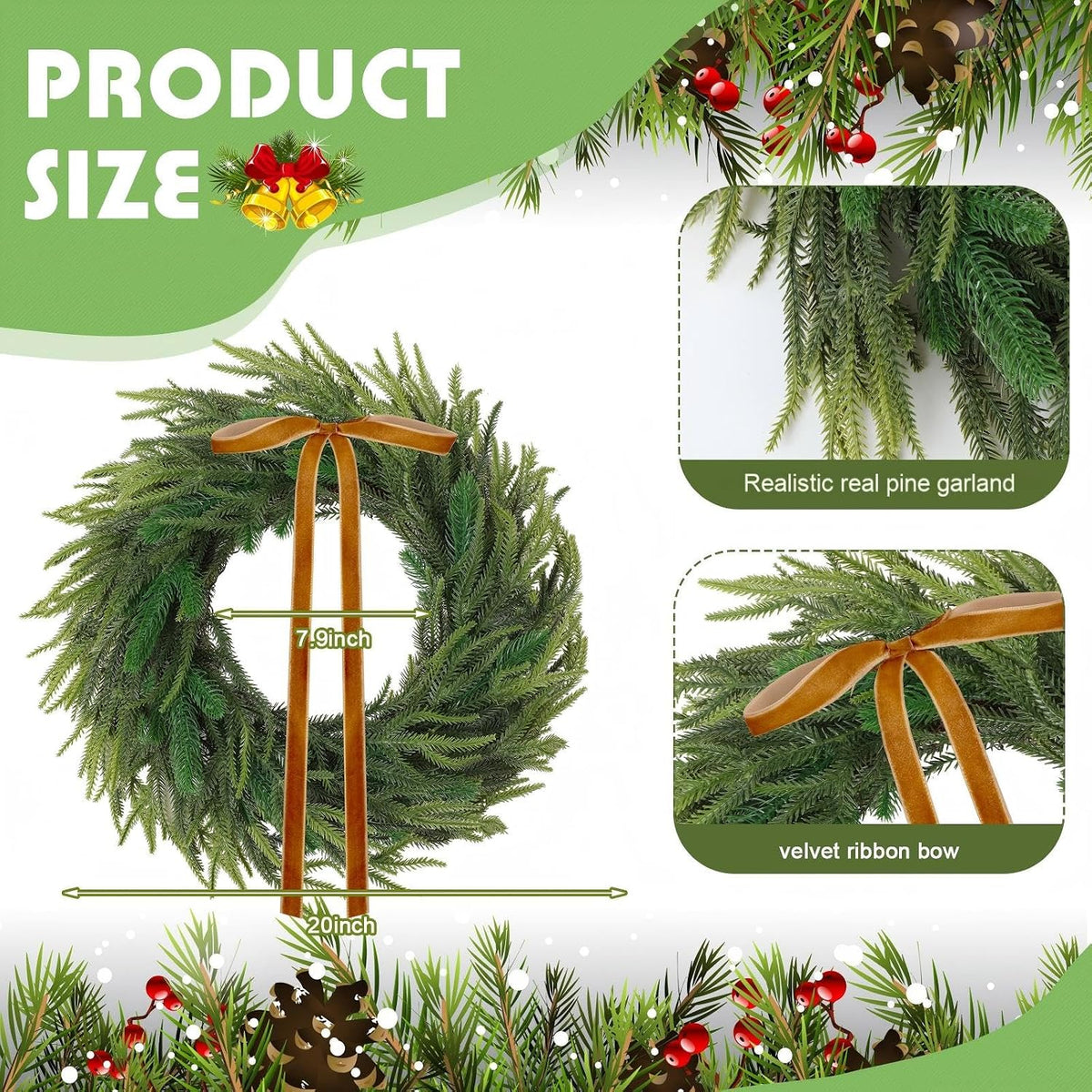 20 inch artificial christmas norfolk pine wreath shown in use