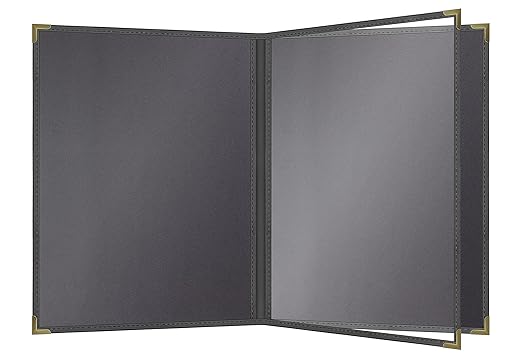 Goodsmart Pajco Style Restaurant Menu Covers – Pack of 10, Side-Loading Booklet Menu Holders, Single Stitched Edge, Clear Vinyl Menu Sleeves, Leatherette Trim, Gold Corners, Black, 4 View (8.5" x 11")