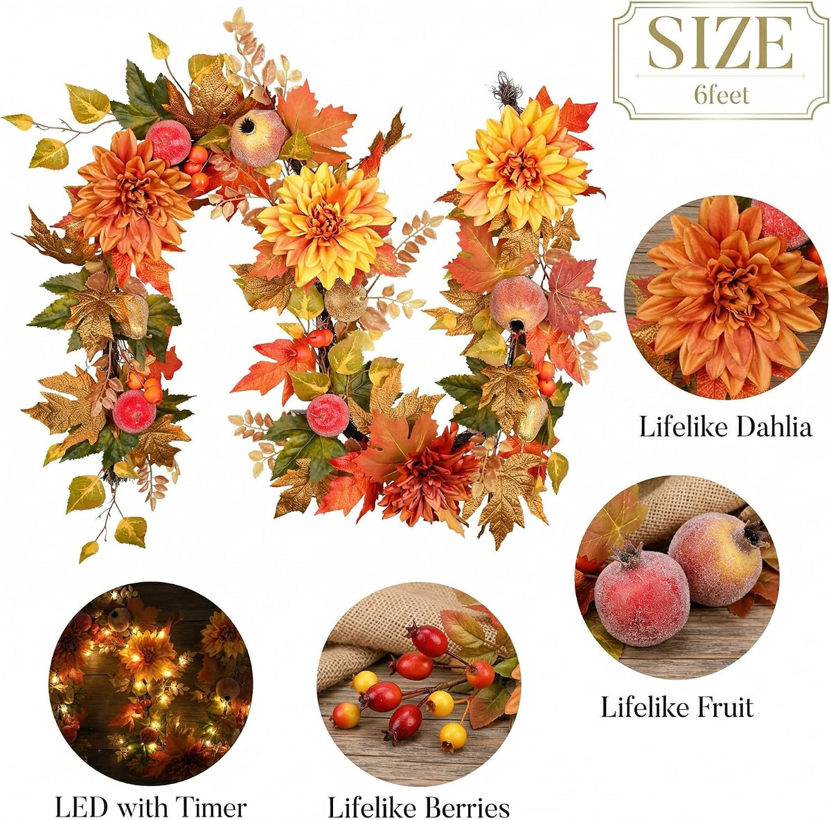 Valery Madelyn 6ft Pre-Lit Fruits & Dahlia Fall Garland for Mantel