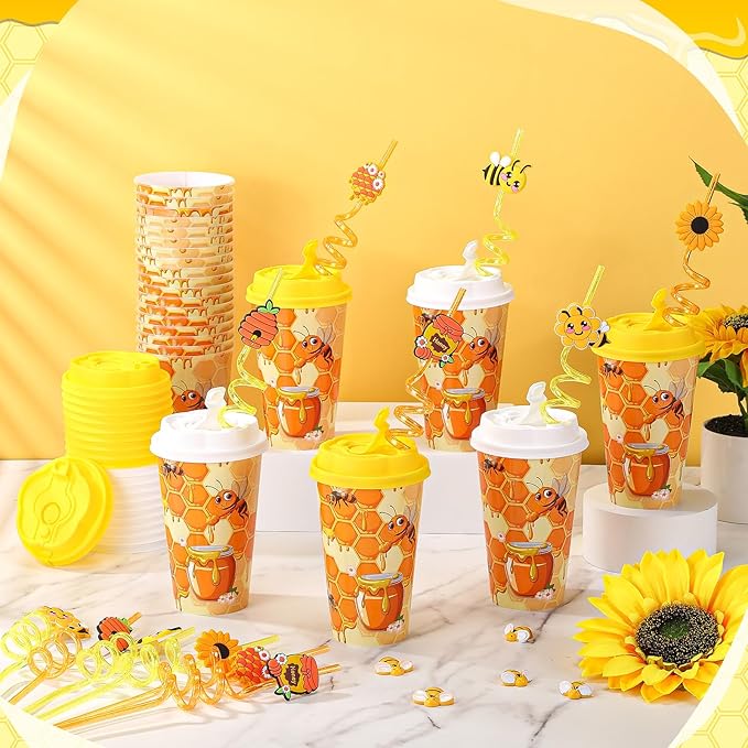Yungyan 24 Sets Honey Bee Party Favors Goodie Cups with Lids and Straws for Birthday Decorations Reusable 16oz Plastic Candy Cups Plastic Straws for Birthday Party(Bee)
