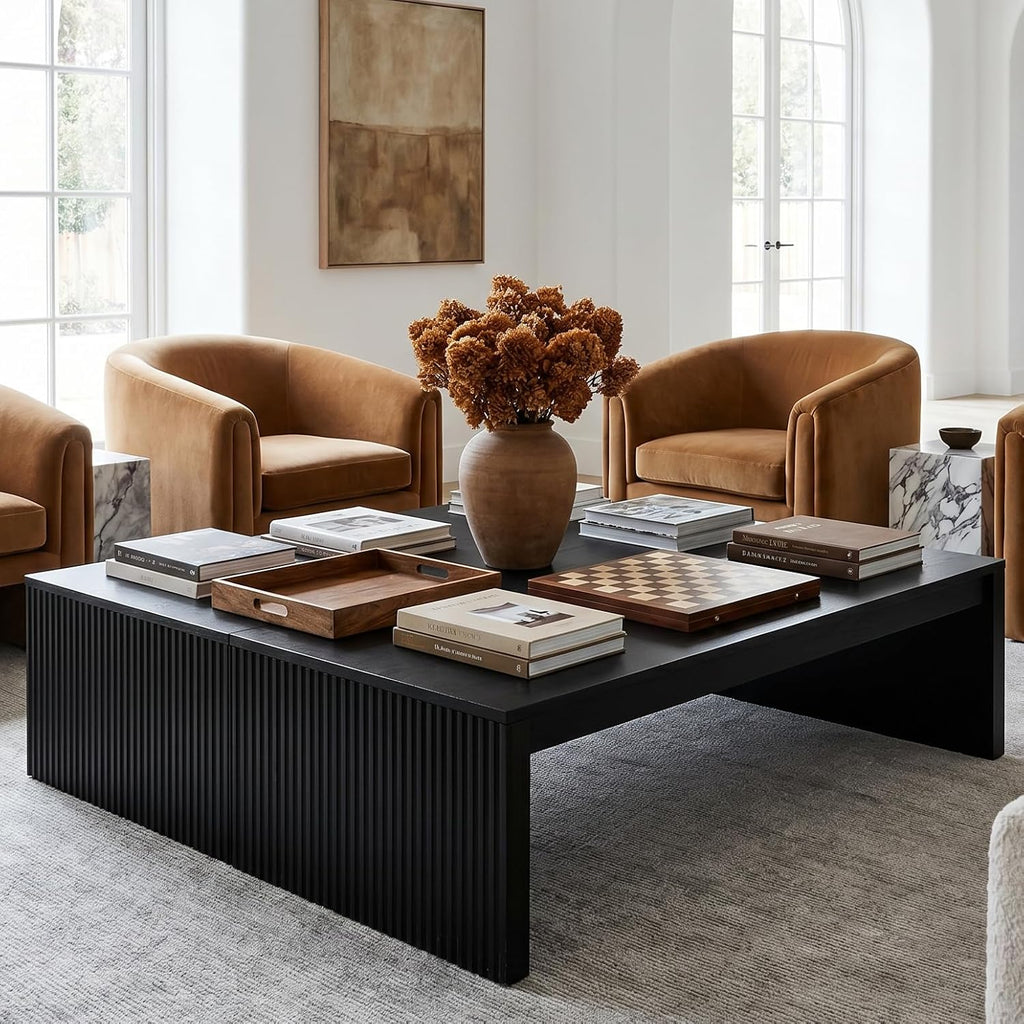 LITTLE TREE 39.4" Square Fluted Coffee Table, Mid-Century Modern Black Center Table for Living Room, Architectural Wood Cocktail Tea Tables, Contemporary Coffee Tables, Easy Assembly