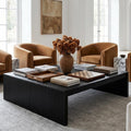 LITTLE TREE 39.4" Square Fluted Coffee Table, Mid-Century Modern Black Center Table for Living Room, Architectural Wood Cocktail Tea Tables, Contemporary Coffee Tables, Easy Assembly
