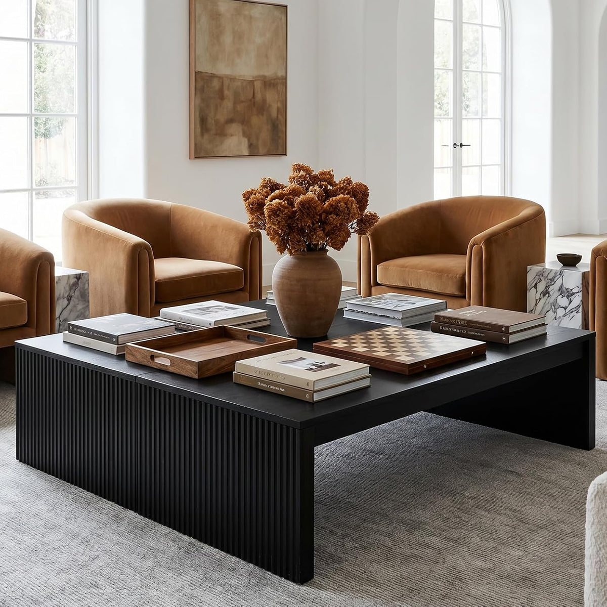 LITTLE TREE 39.4" Square Fluted Coffee Table, Mid-Century Modern Black Center Table for Living Room, Architectural Wood Cocktail Tea Tables, Contemporary Coffee Tables, Easy Assembly
