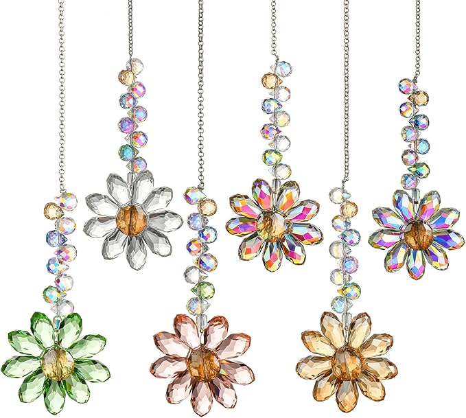 HDCRYSTALGIFTS 6PCS Crystal Sunflower Suncatchers Hanging Ornaments, Crystal Window Sun Catchers Rainbow Maker Light Catcher Indoor Outdoor Garden Decor Glass Christmas Ornaments