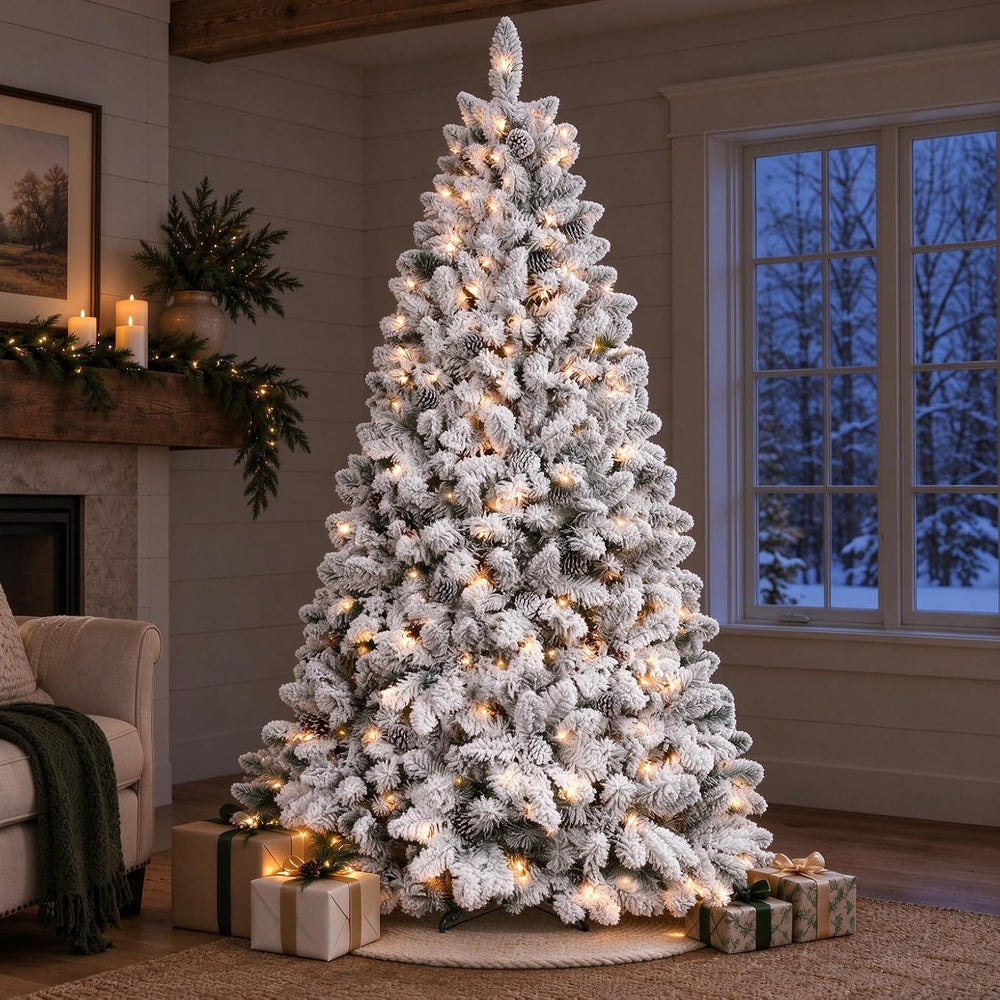 7FT Prelit Flocked Christmas Tree with Pine Cone, Premium Artificial Christma...