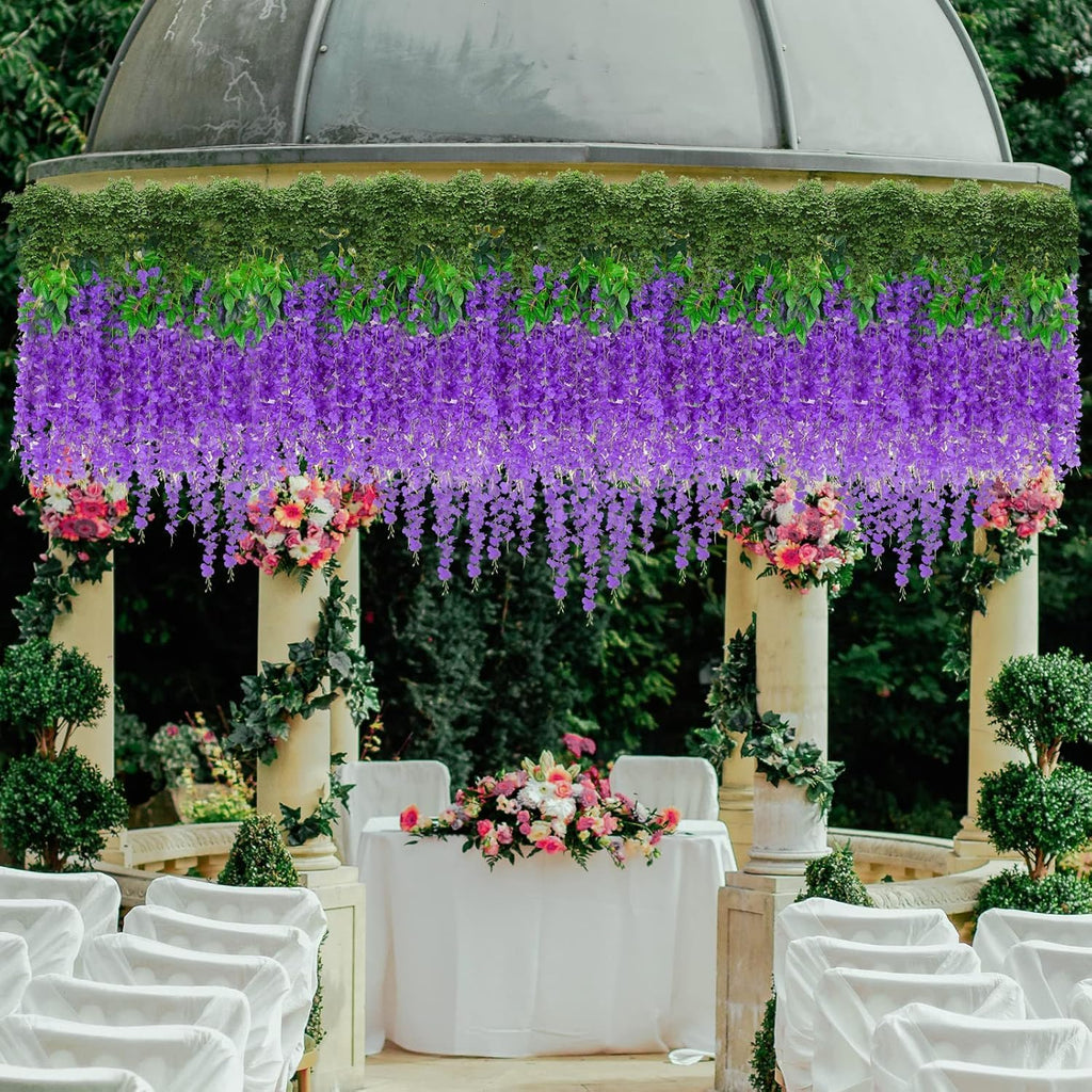 48 Pack Artificial Wisteria Hanging Flowers Fake Wisteria Flower Garland Silk Vines Rattan Decor for Home Wedding Arch Wall Garden Greenery Bedroom Outdoor Office Party Decoration (Purple)