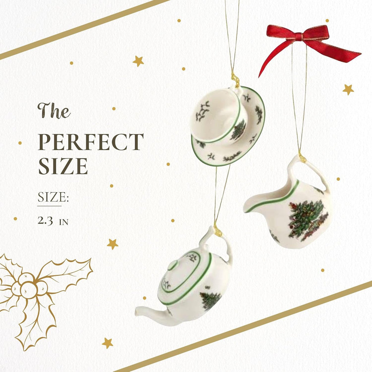 spode christmas tree 3-piece tea set ornaments, front angle view