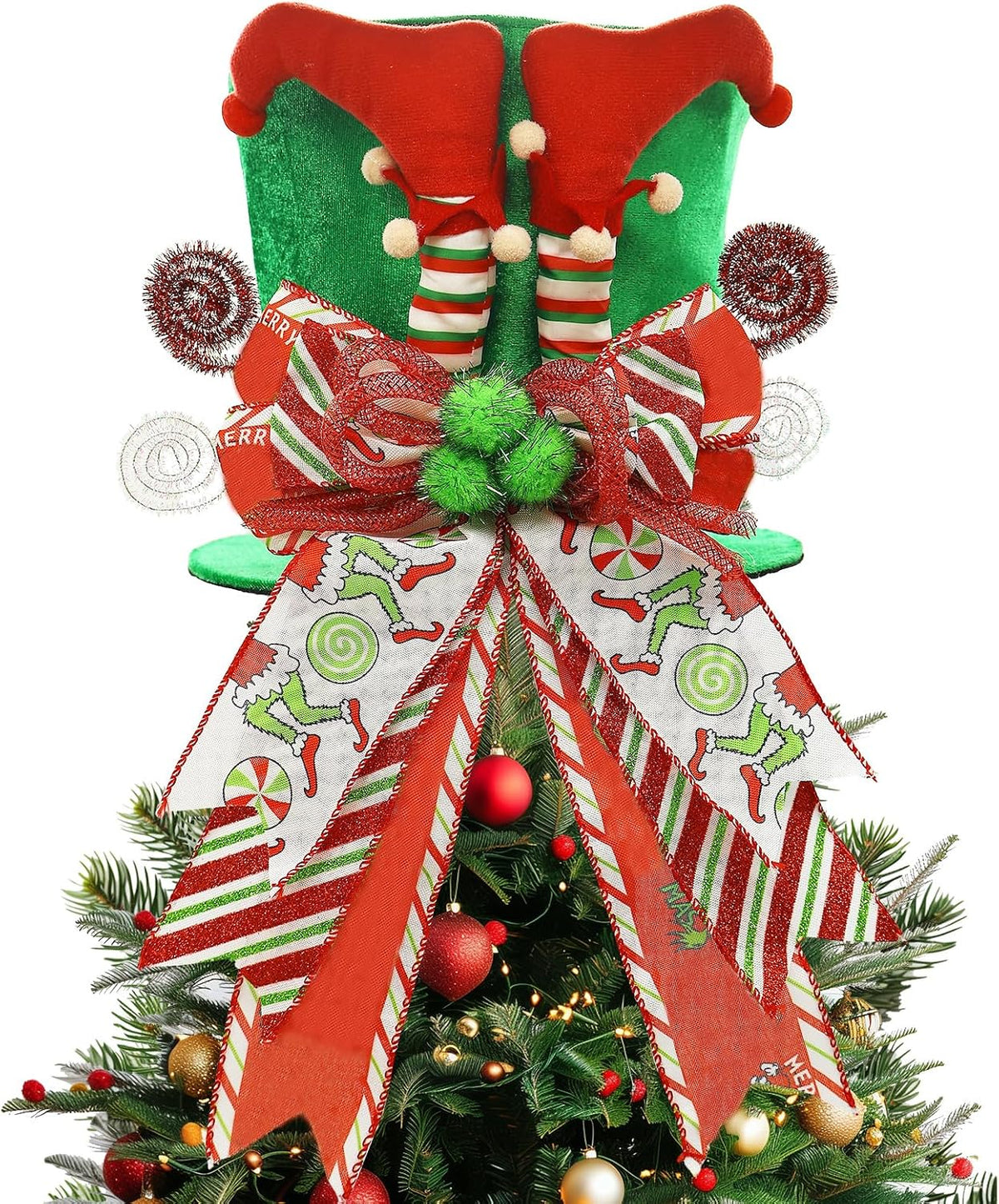 Christmas Tree Topper Hat with Bow, Velvet Top Hat Ornament with Elf Legs and Red & Green Wired Bows, Winter Holidays Xmas Decor for Home Decoration (Green)