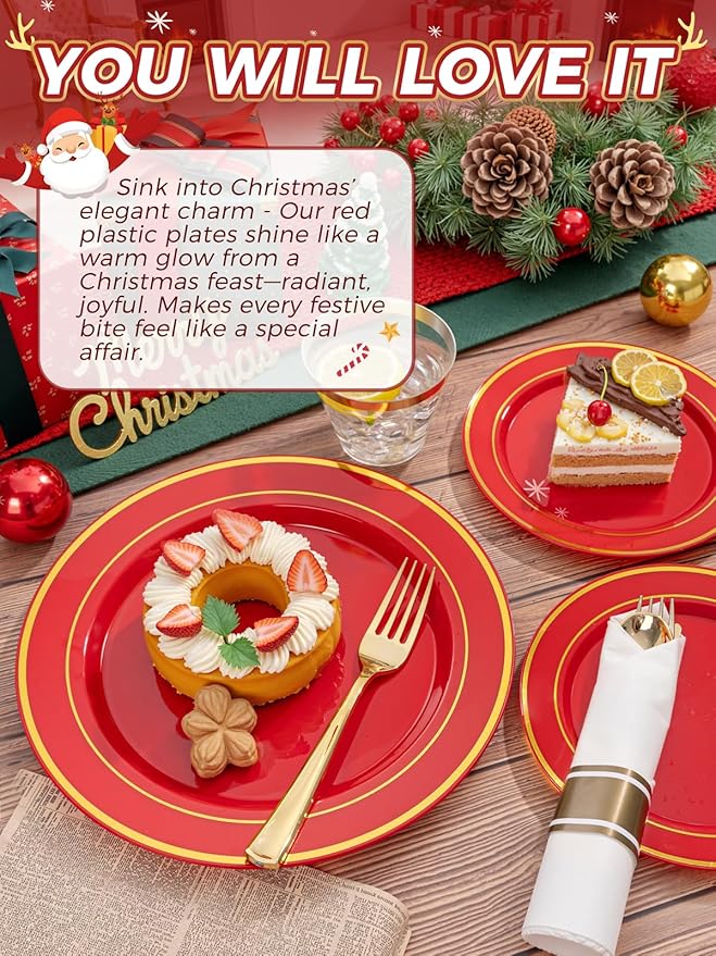 350Pieces Christmas Plates with Gold Plastic Silverware - Red Plastic Plates with Gold Rim Include 50Dinner Plate 10”, 50Dessert Plate 7”, 50 gold Cups 9 OZ, 50 Pre Rolled Napkins for Christmas/Party