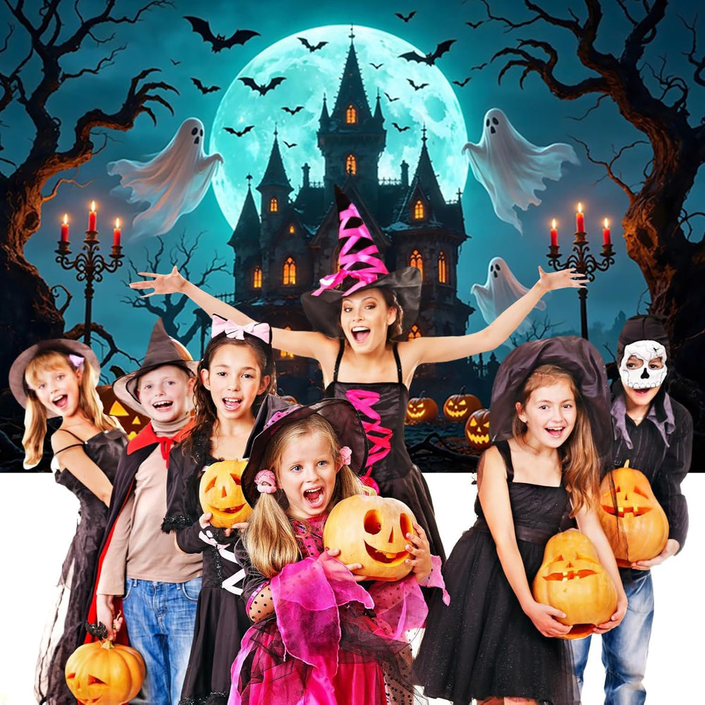 Halloween Backdrop, Spooky Ghost Pumpkin Full Moon Bat Castle Photography Bac...