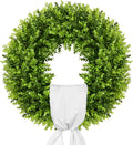 Vlorart 20" Boxwood Wreath for Front Door with Sash & Plaid Bow, Full Lush Artificial Greenery Wreath for Spring Summer Farmhouse Wall, Window & Wedding Decor