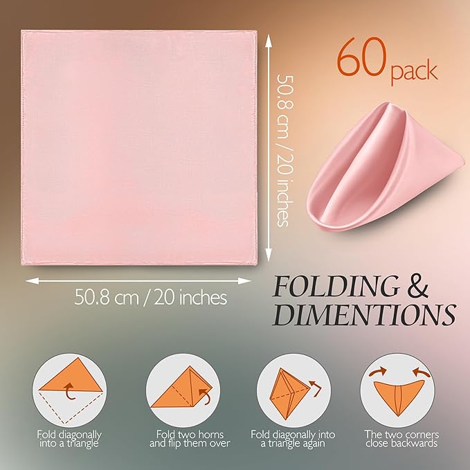 Manyshofu 60 Piece Blush Satin Napkins - 20x20 Inch Square Fabric Napkins for Wedding Dinner Party Lunch