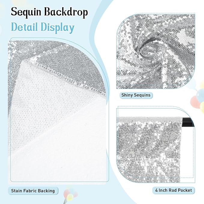 SquarePie Sequin Backdrop Curtain Not See Through Thick Glitter Background for Party 8FT x 10FT Silver