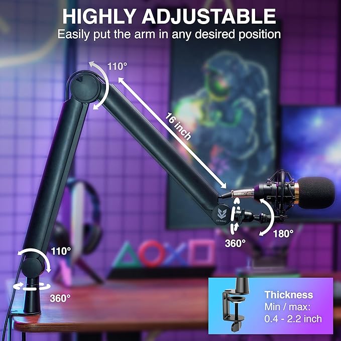 Sensic SA-30 Microphone Boom Arm, 360° Rotatable Mic Stand with 6 inch riser, Microphone Holder with 1/4", 3/8" and 5/8" Adapters, Professional Microphone Arm with Accessories, Mic Boom Arm Black