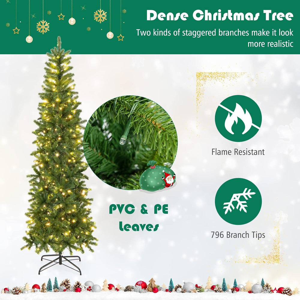 Goplus 7.5ft Pre-Lit Pencil Christmas Tree with 350 Lights, 10 Light-Modes