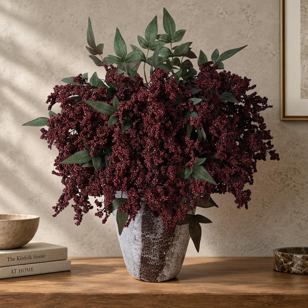 8Pcs 18.5" Artificial Flowers, Red Berry Stems Fake Nandina Branches Rea...